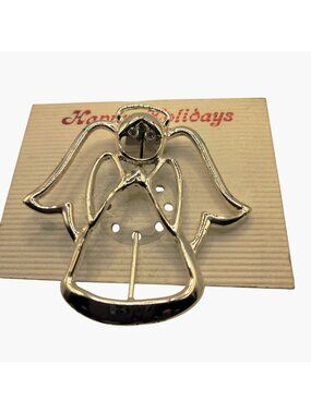 Angel Brooch Christmas PIn Rhinestone Eyes SilverTone Happy Holidays Card